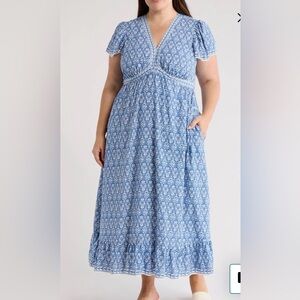 Max Studio plus size 3X Blue Floral V Neck, Maxi Dress, NEW